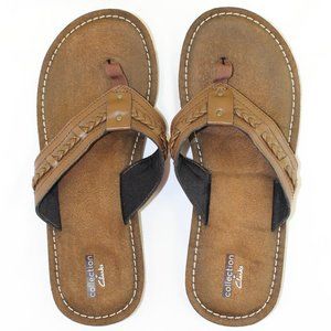 Collection by Clarks Women's Brown Leather Braid Trim Flip Flop Sandal Size 10